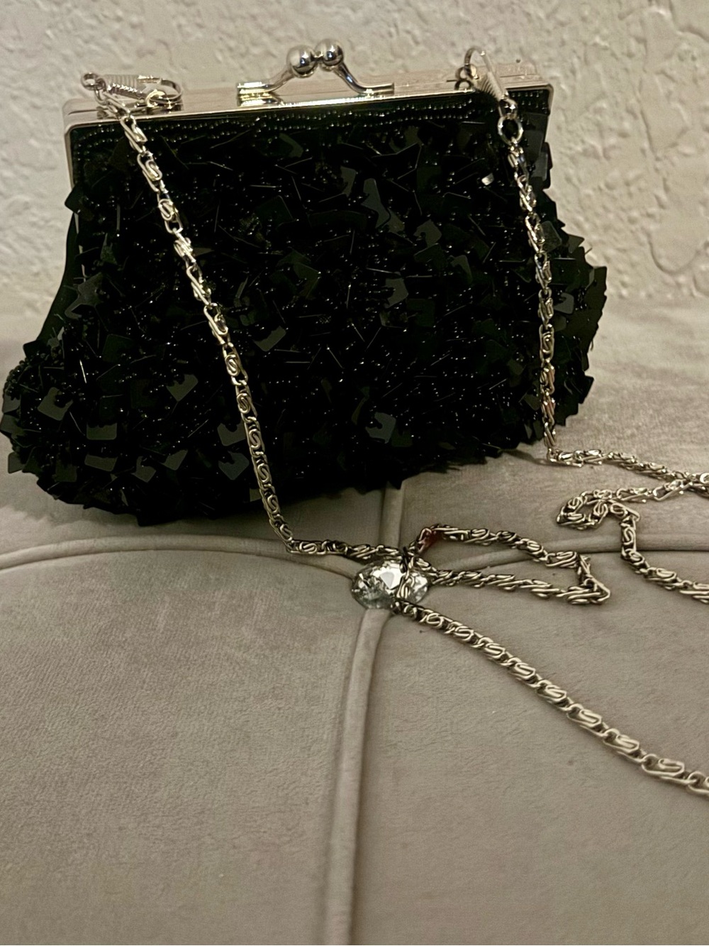 Black Sequined Evening Clutch with Silver Chain